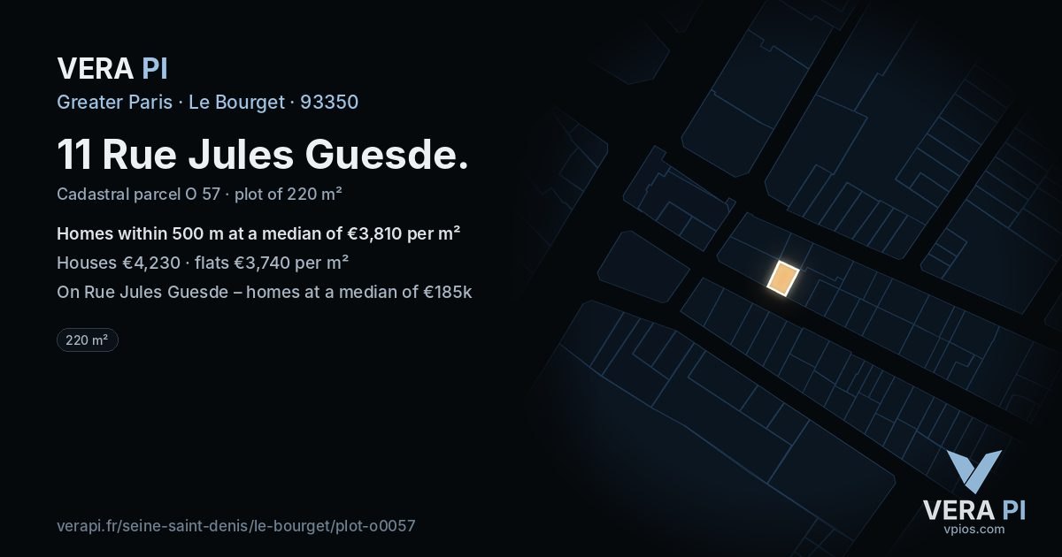 11 Rue Jules Guesde, Le Bourget at night – the plot lit, the parcels around coloured by the prices near them