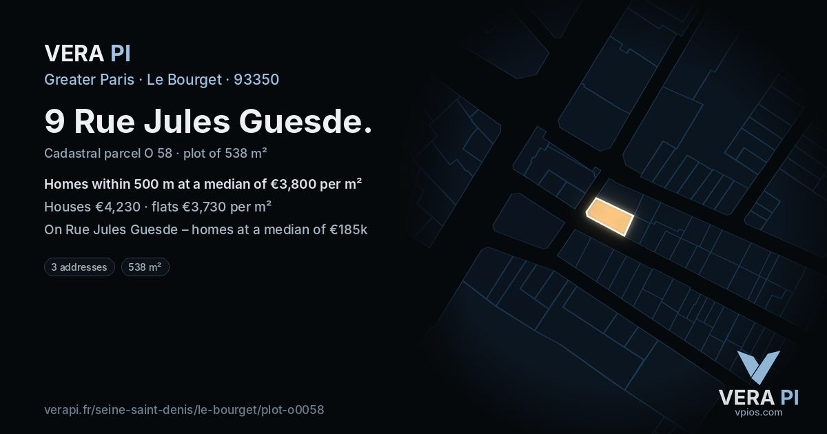 9 Rue Jules Guesde, Le Bourget at night – the plot lit, the parcels around coloured by the prices near them