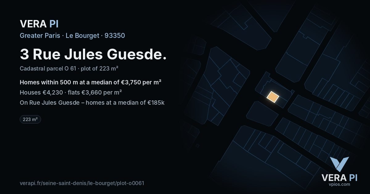 3 Rue Jules Guesde, Le Bourget at night – the plot lit, the parcels around coloured by the prices near them