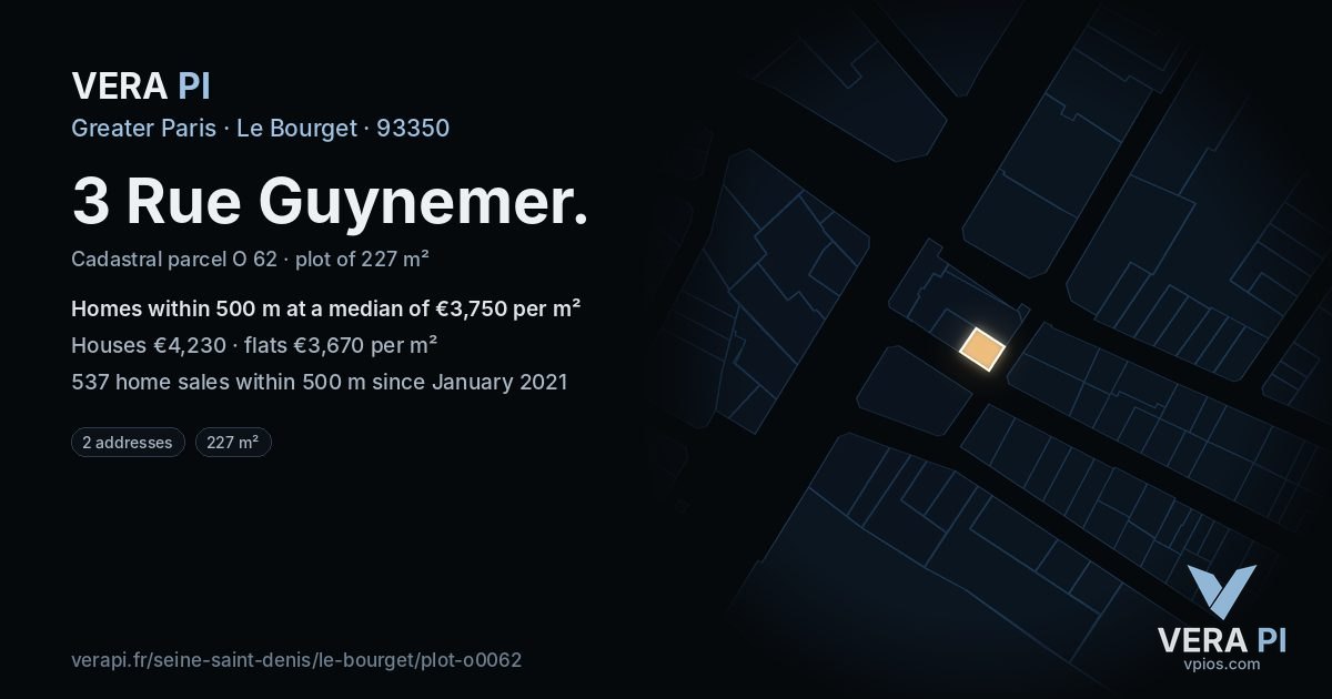 3 Rue Guynemer, Le Bourget at night – the plot lit, the parcels around coloured by the prices near them