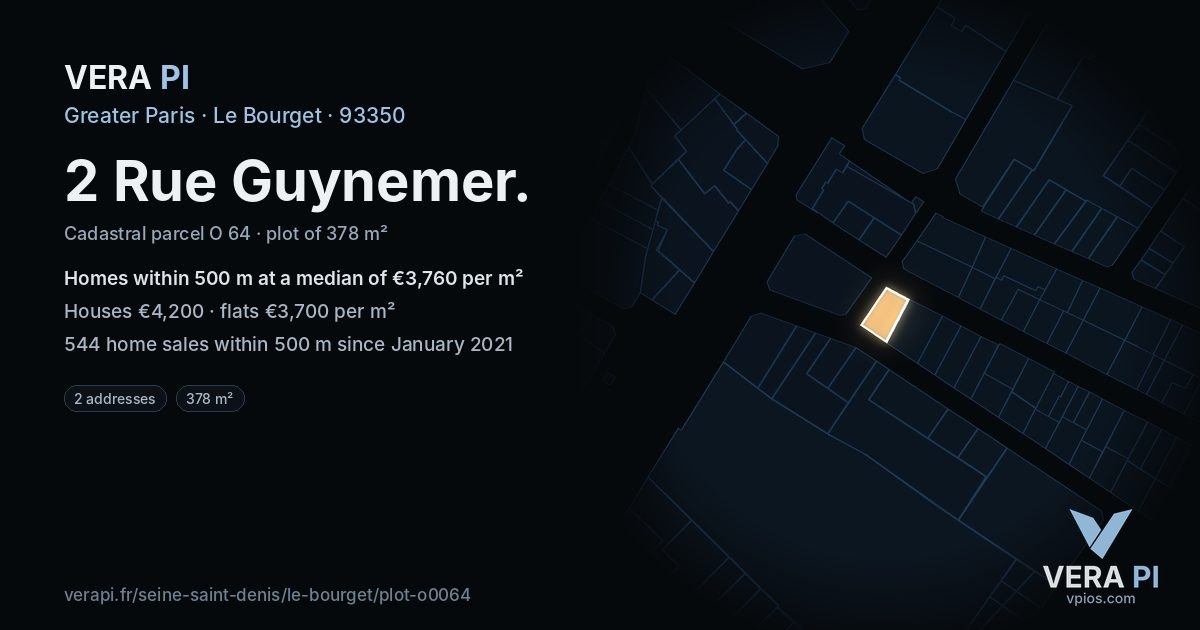 2 Rue Guynemer, Le Bourget at night – the plot lit, the parcels around coloured by the prices near them