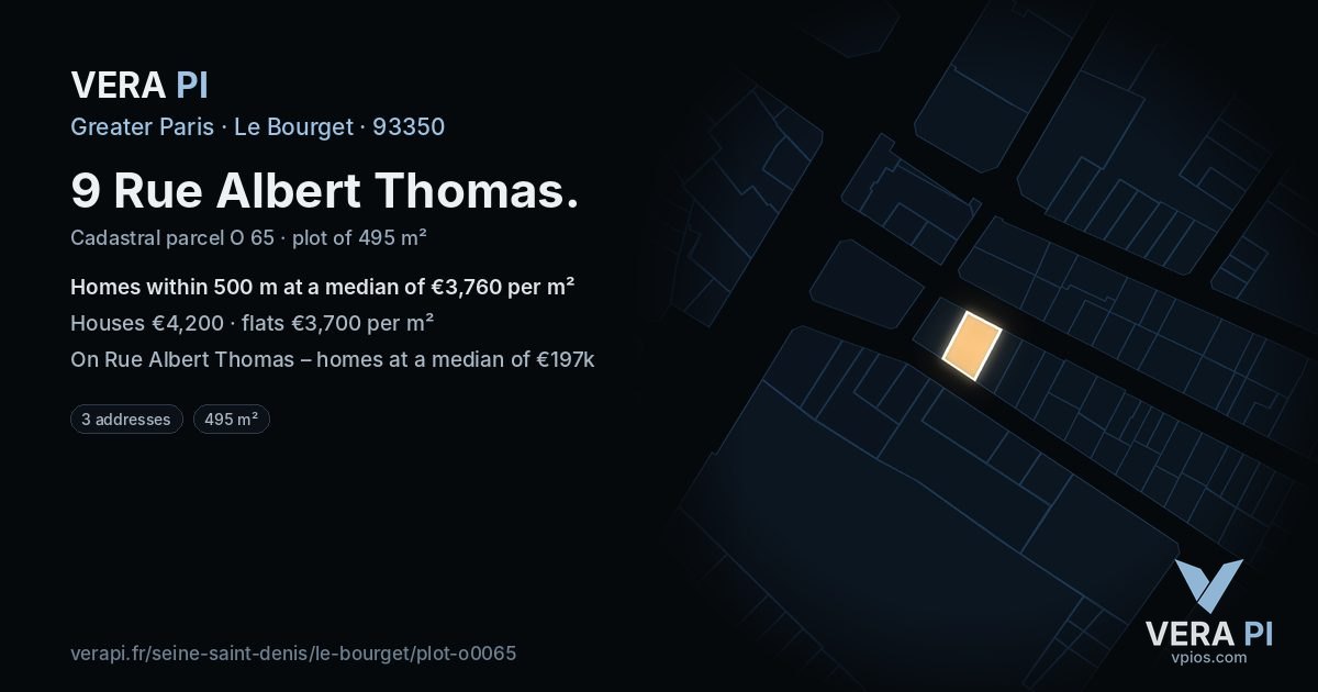 9 Rue Albert Thomas, Le Bourget at night – the plot lit, the parcels around coloured by the prices near them