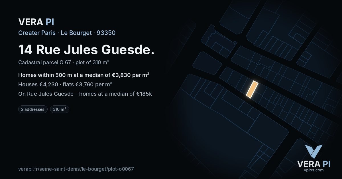 14 Rue Jules Guesde, Le Bourget at night – the plot lit, the parcels around coloured by the prices near them