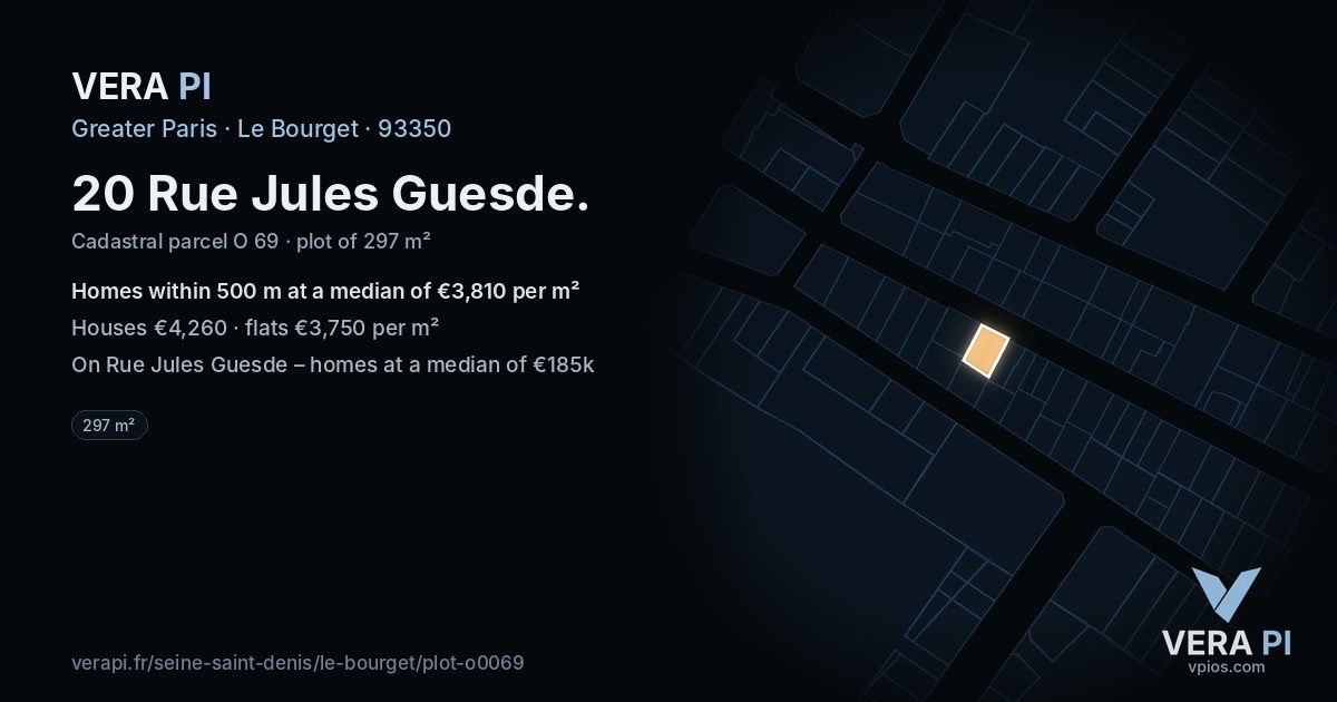 20 Rue Jules Guesde, Le Bourget at night – the plot lit, the parcels around coloured by the prices near them
