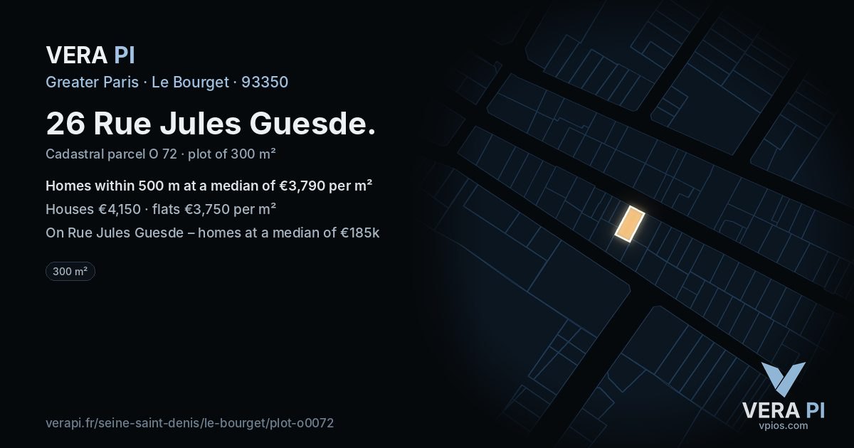 26 Rue Jules Guesde, Le Bourget at night – the plot lit, the parcels around coloured by the prices near them