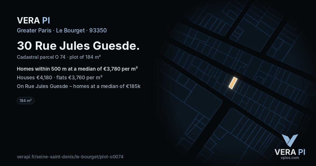 30 Rue Jules Guesde, Le Bourget at night – the plot lit, the parcels around coloured by the prices near them