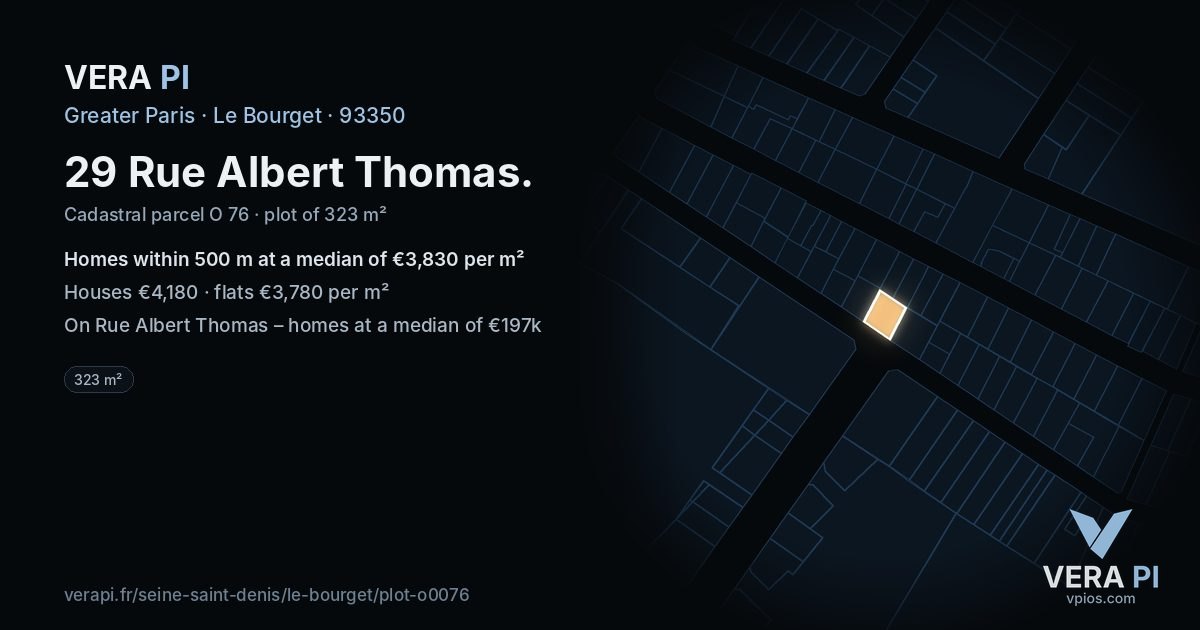 29 Rue Albert Thomas, Le Bourget at night – the plot lit, the parcels around coloured by the prices near them