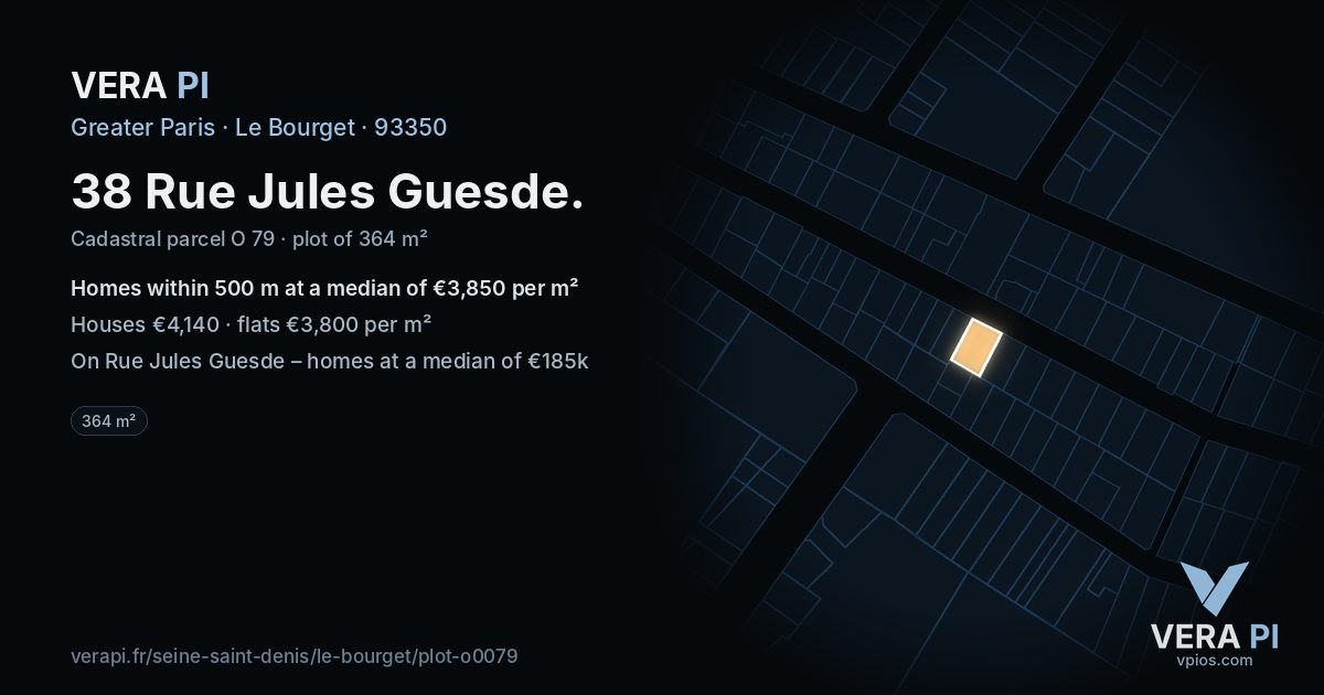 38 Rue Jules Guesde, Le Bourget at night – the plot lit, the parcels around coloured by the prices near them