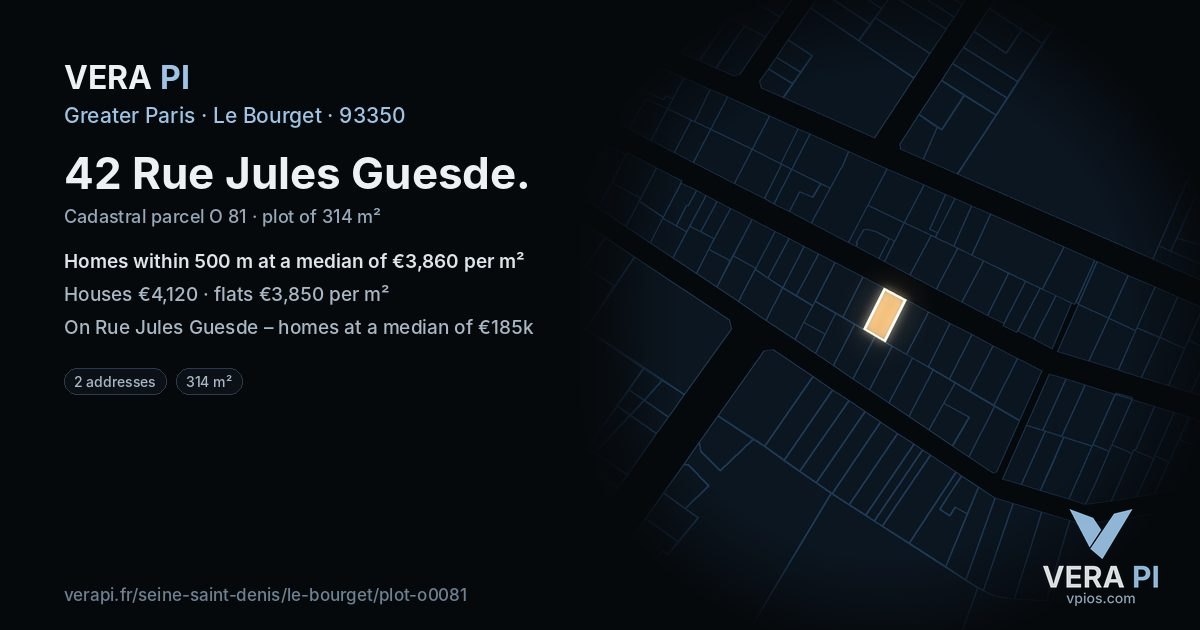 42 Rue Jules Guesde, Le Bourget at night – the plot lit, the parcels around coloured by the prices near them