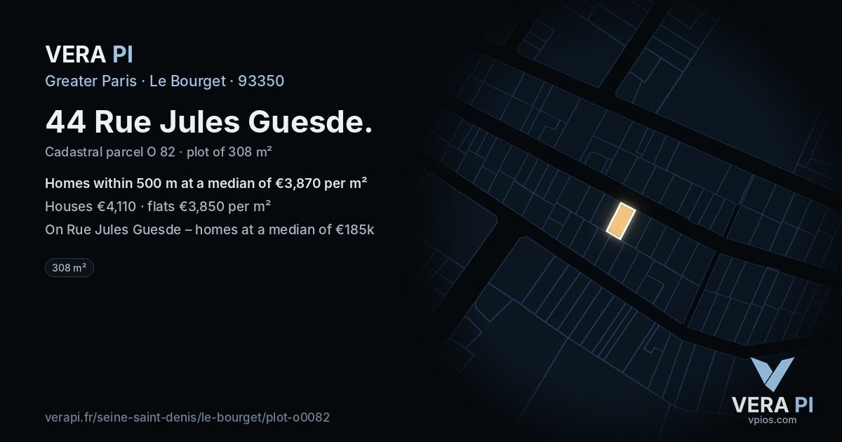 44 Rue Jules Guesde, Le Bourget at night – the plot lit, the parcels around coloured by the prices near them