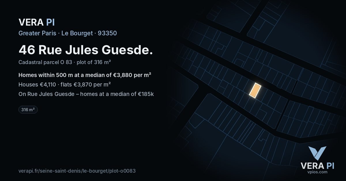 46 Rue Jules Guesde, Le Bourget at night – the plot lit, the parcels around coloured by the prices near them
