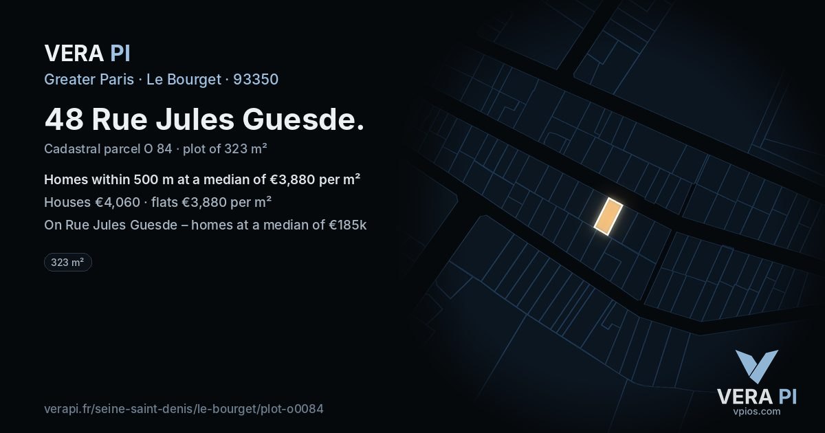 48 Rue Jules Guesde, Le Bourget at night – the plot lit, the parcels around coloured by the prices near them