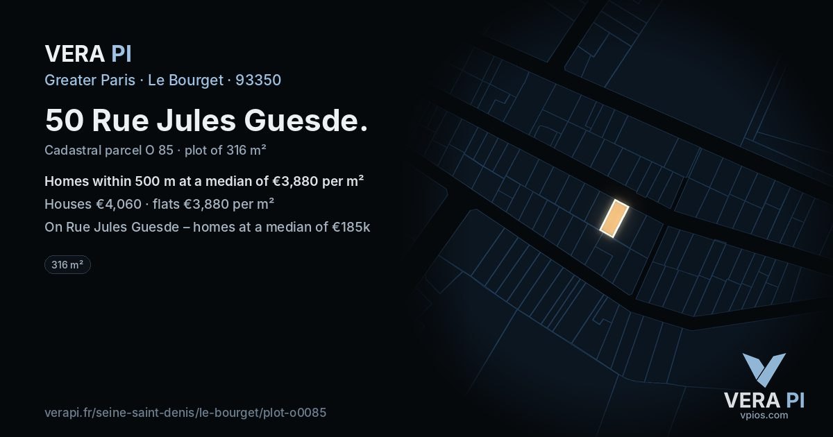 50 Rue Jules Guesde, Le Bourget at night – the plot lit, the parcels around coloured by the prices near them