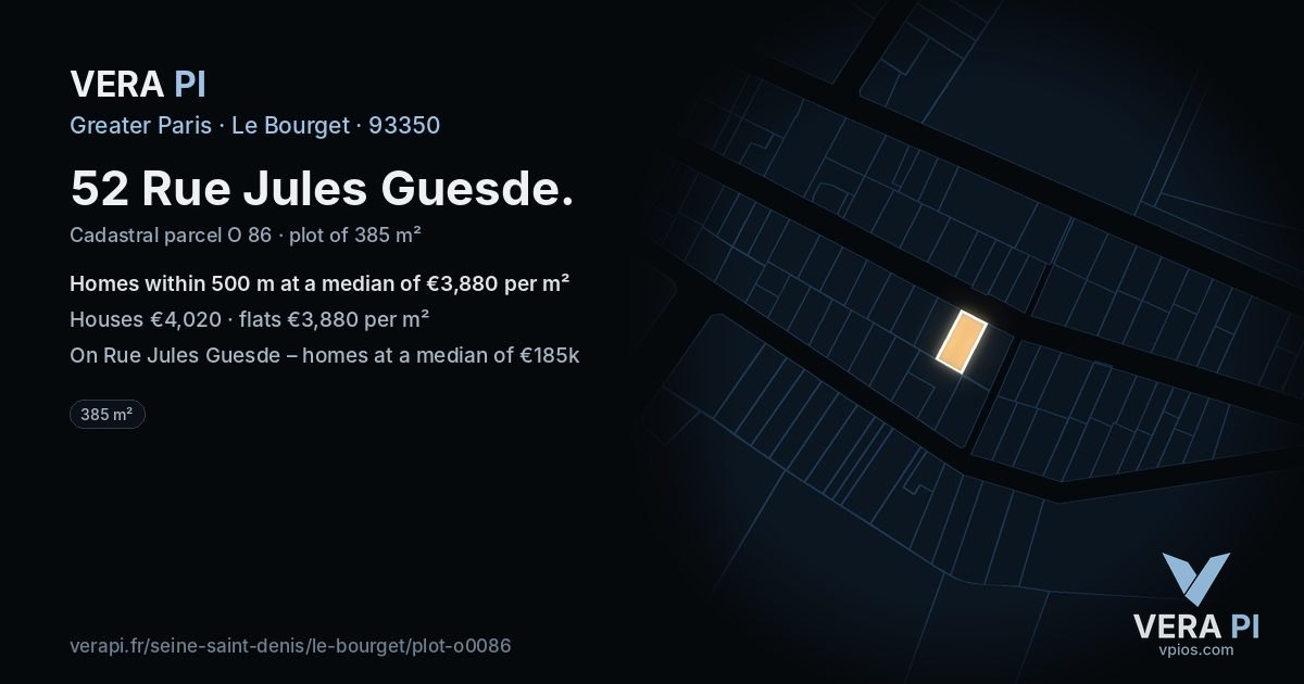 52 Rue Jules Guesde, Le Bourget at night – the plot lit, the parcels around coloured by the prices near them