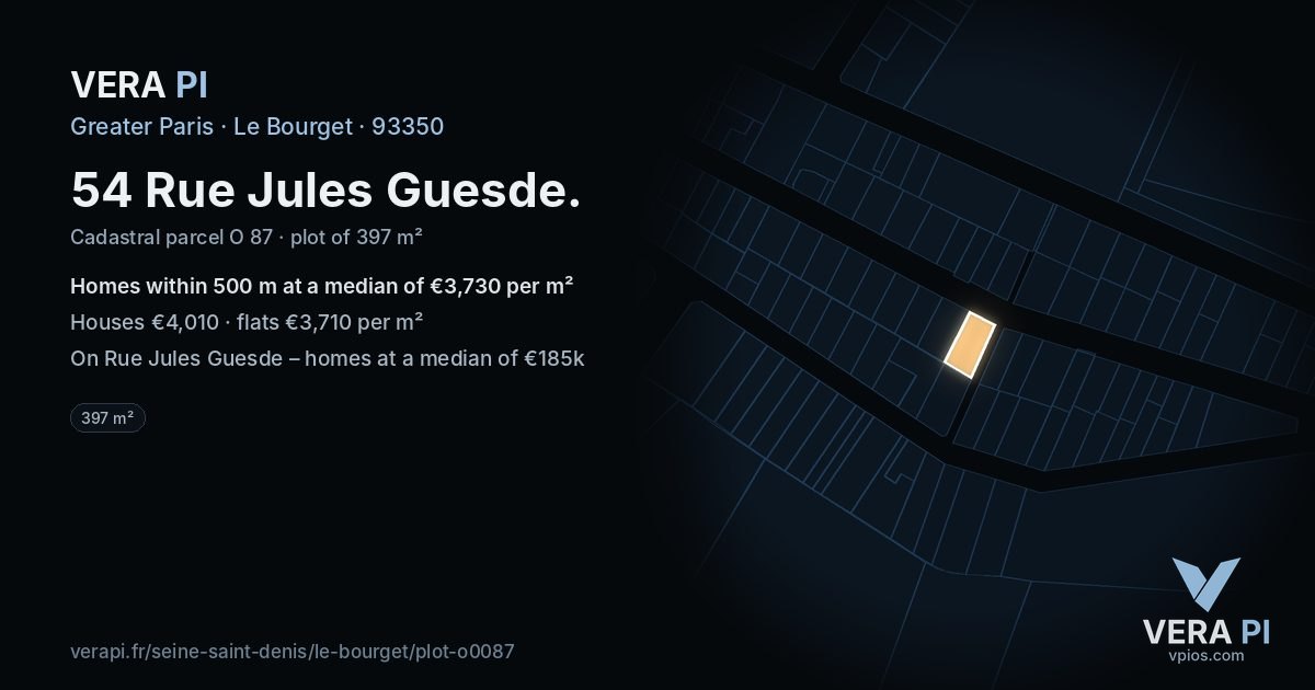 54 Rue Jules Guesde, Le Bourget at night – the plot lit, the parcels around coloured by the prices near them