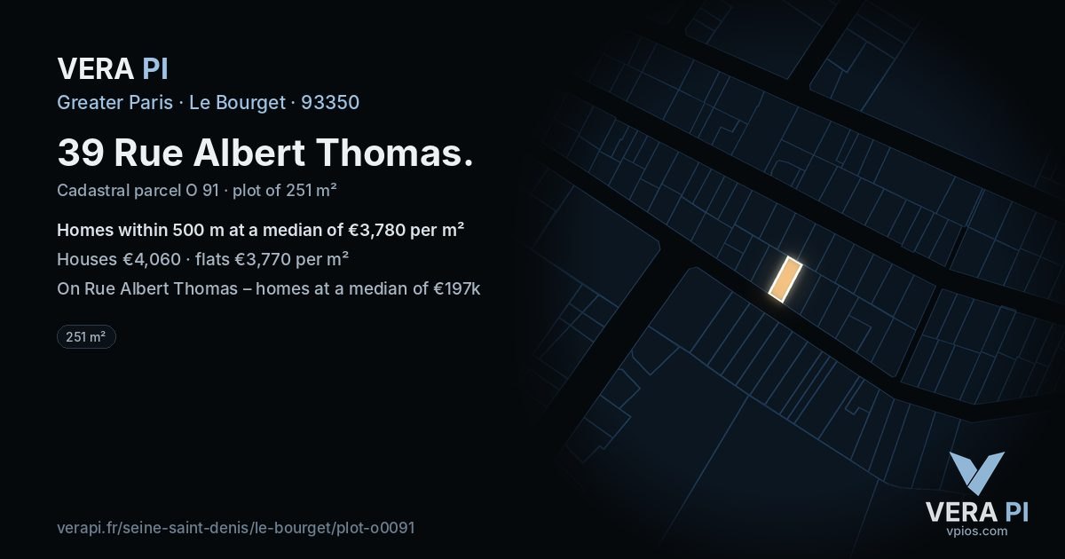 39 Rue Albert Thomas, Le Bourget at night – the plot lit, the parcels around coloured by the prices near them