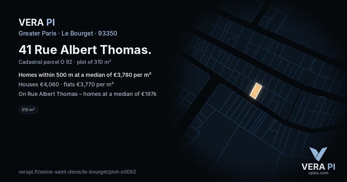 41 Rue Albert Thomas, Le Bourget at night – the plot lit, the parcels around coloured by the prices near them