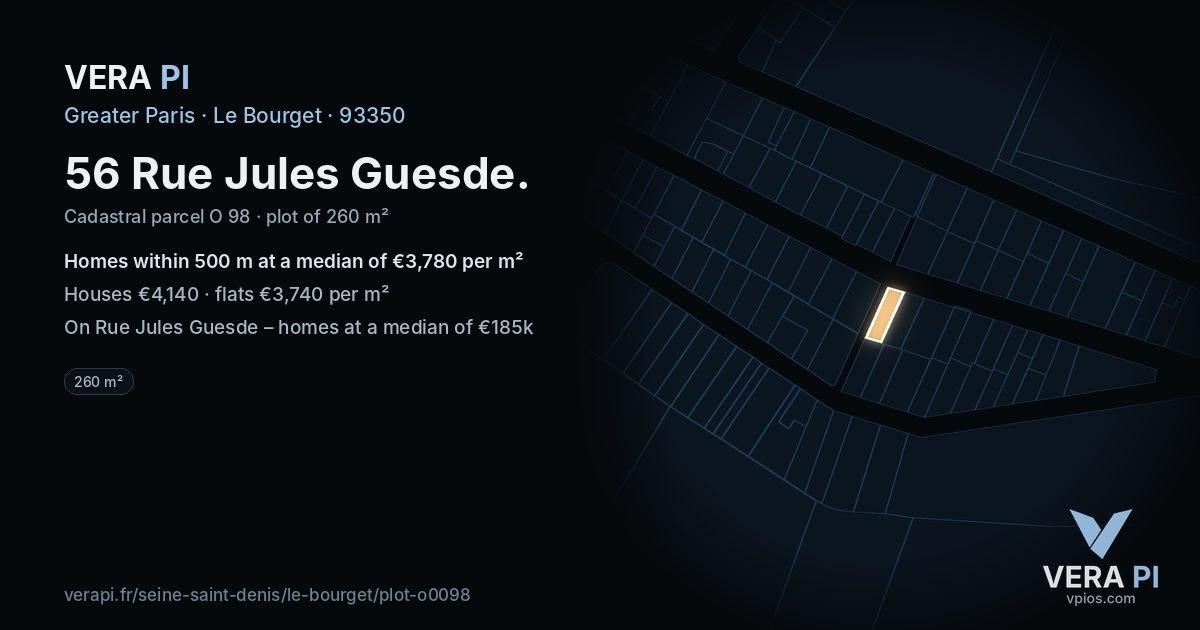 56 Rue Jules Guesde, Le Bourget at night – the plot lit, the parcels around coloured by the prices near them