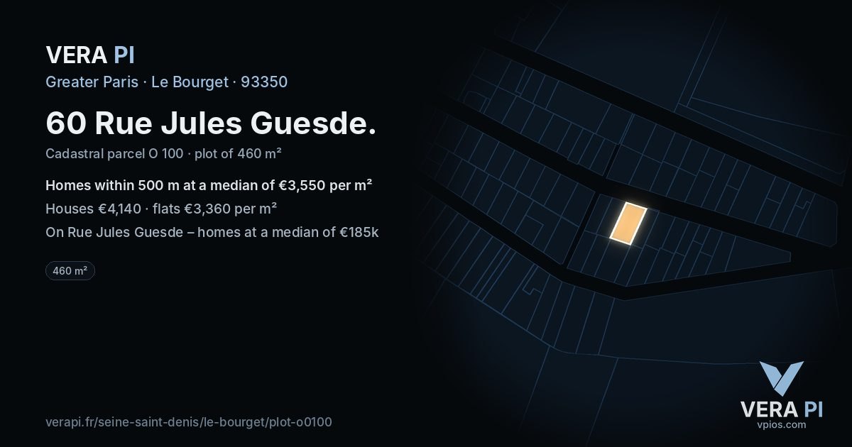 60 Rue Jules Guesde, Le Bourget at night – the plot lit, the parcels around coloured by the prices near them