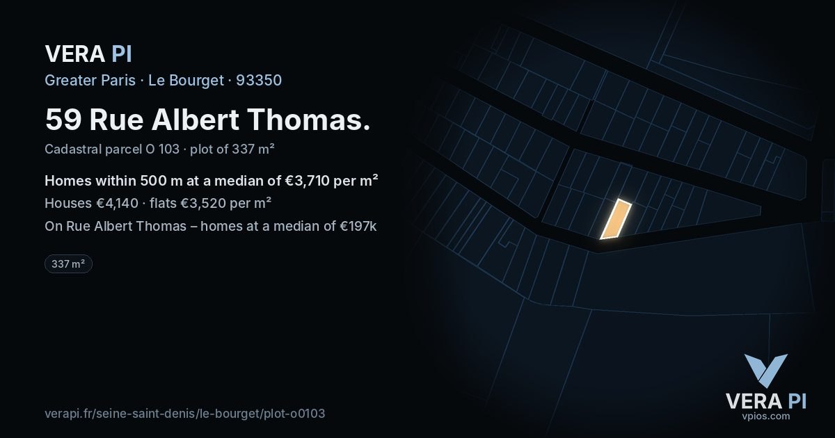 59 Rue Albert Thomas, Le Bourget at night – the plot lit, the parcels around coloured by the prices near them