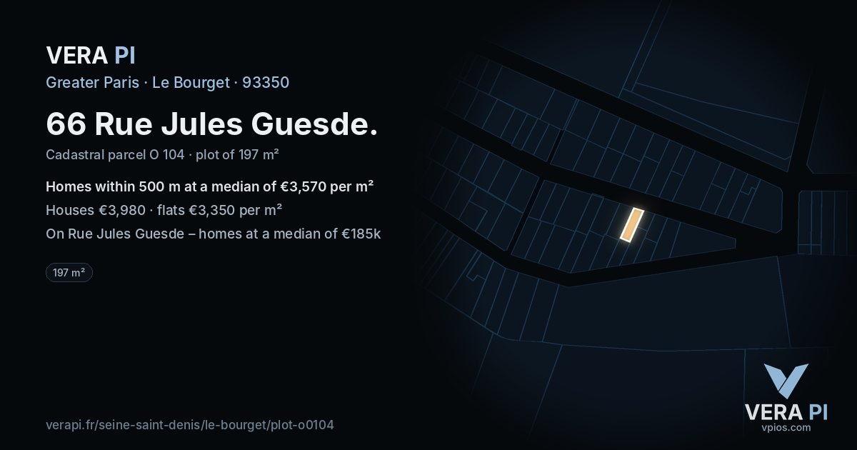 66 Rue Jules Guesde, Le Bourget at night – the plot lit, the parcels around coloured by the prices near them
