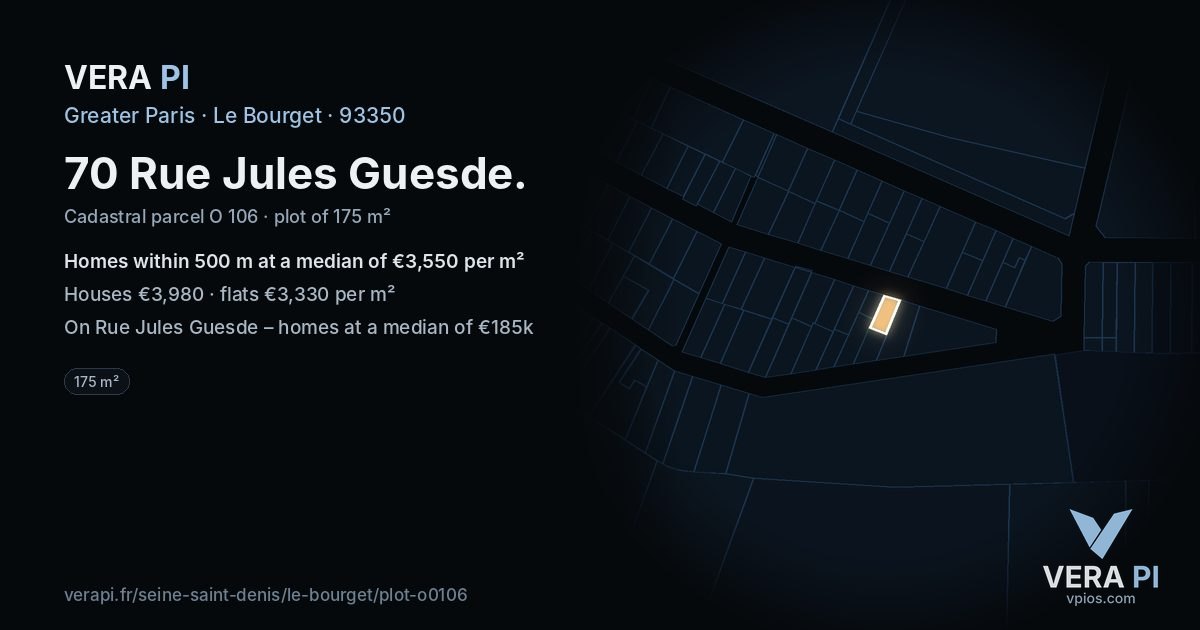 70 Rue Jules Guesde, Le Bourget at night – the plot lit, the parcels around coloured by the prices near them