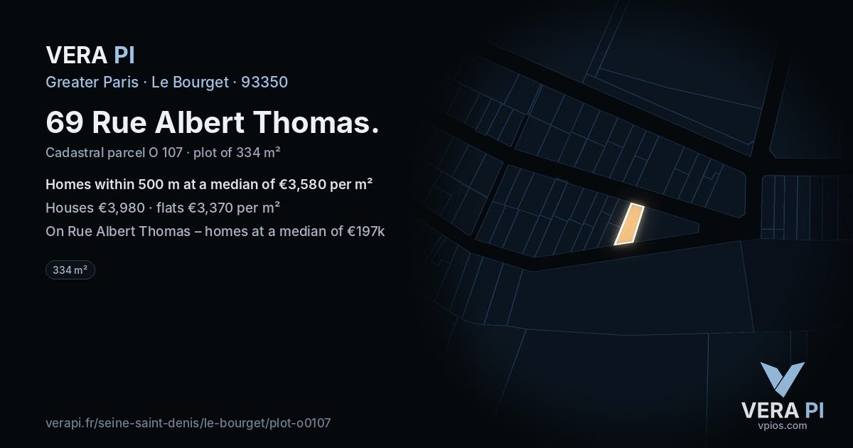 69 Rue Albert Thomas, Le Bourget at night – the plot lit, the parcels around coloured by the prices near them