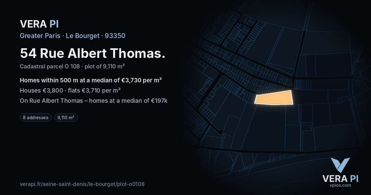 54 Rue Albert Thomas, Le Bourget at night – the plot lit, the parcels around coloured by the prices near them