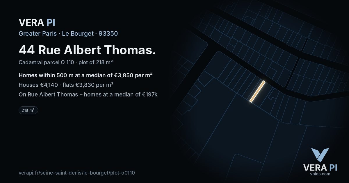 44 Rue Albert Thomas, Le Bourget at night – the plot lit, the parcels around coloured by the prices near them