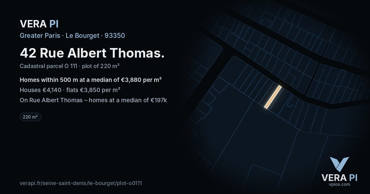 42 Rue Albert Thomas, Le Bourget at night – the plot lit, the parcels around coloured by the prices near them