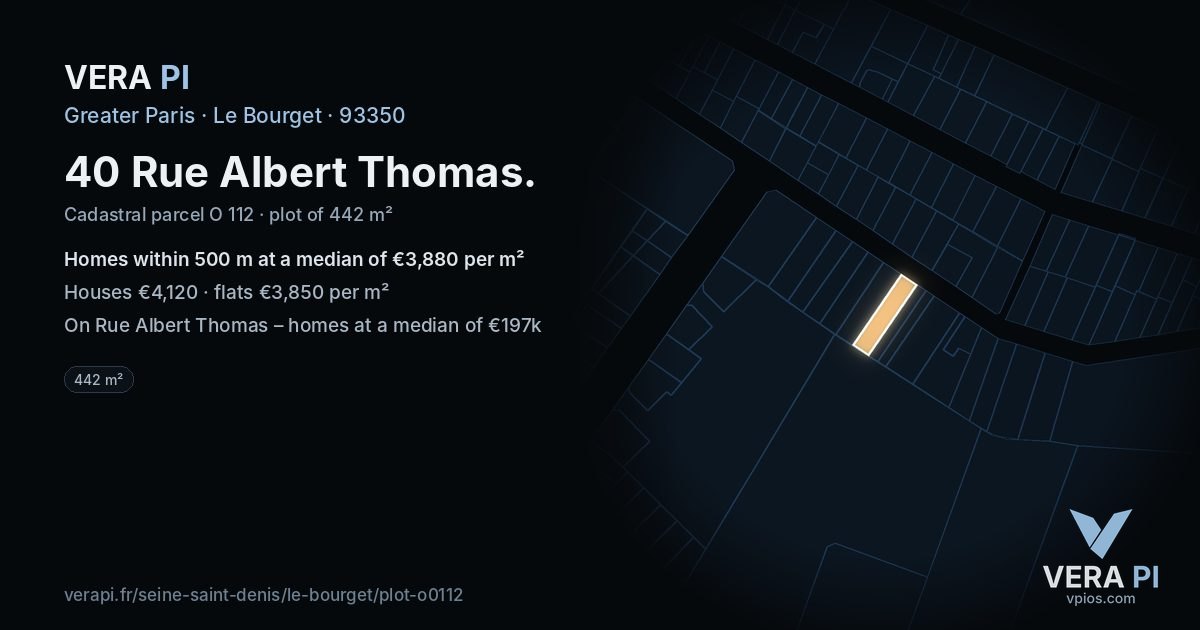 40 Rue Albert Thomas, Le Bourget at night – the plot lit, the parcels around coloured by the prices near them
