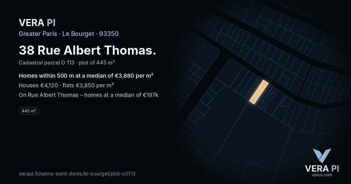 38 Rue Albert Thomas, Le Bourget at night – the plot lit, the parcels around coloured by the prices near them