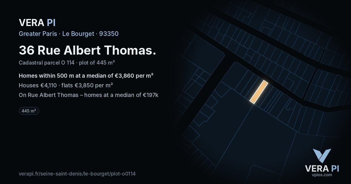 36 Rue Albert Thomas, Le Bourget at night – the plot lit, the parcels around coloured by the prices near them