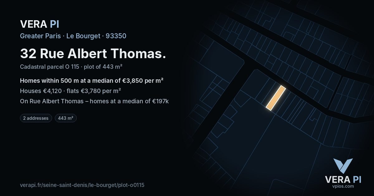 32 Rue Albert Thomas, Le Bourget at night – the plot lit, the parcels around coloured by the prices near them