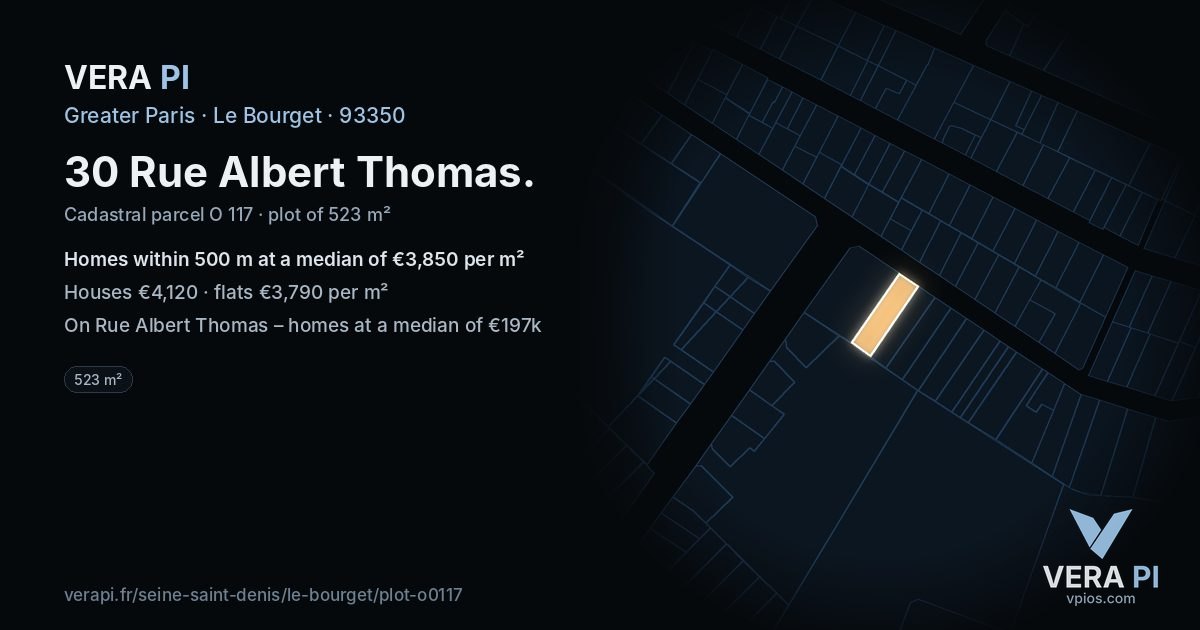 30 Rue Albert Thomas, Le Bourget at night – the plot lit, the parcels around coloured by the prices near them