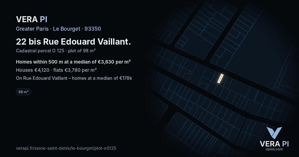 22 bis Rue Edouard Vaillant, Le Bourget at night – the plot lit, the parcels around coloured by the prices near them