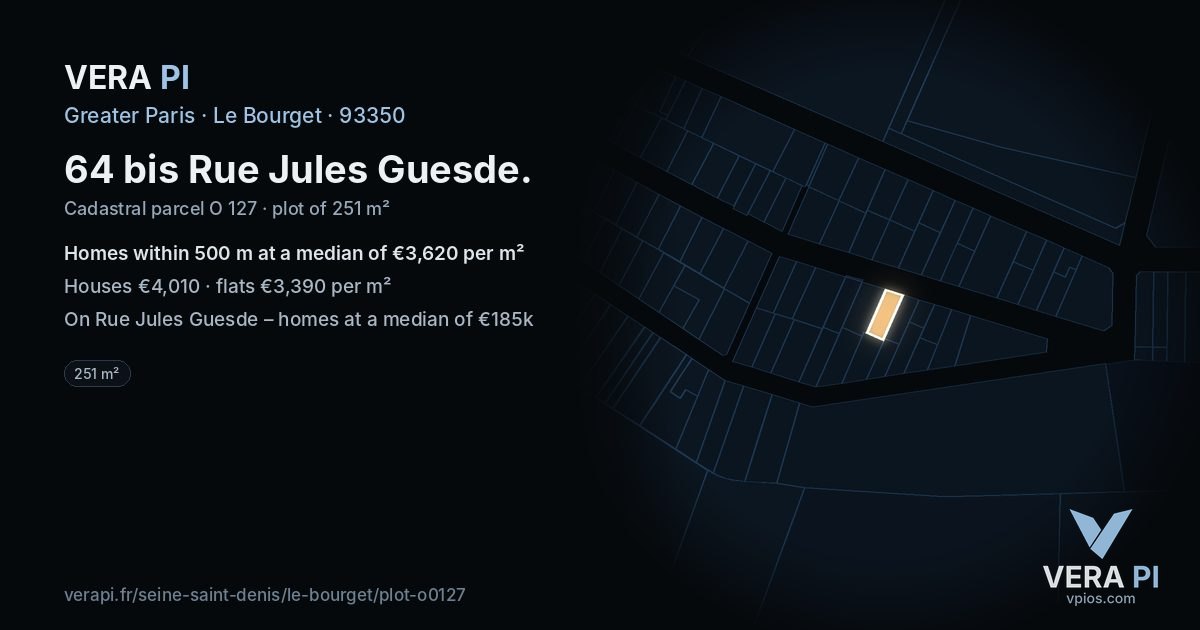 64 bis Rue Jules Guesde, Le Bourget at night – the plot lit, the parcels around coloured by the prices near them