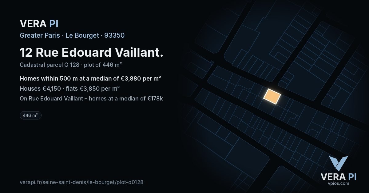 12 Rue Edouard Vaillant, Le Bourget at night – the plot lit, the parcels around coloured by the prices near them