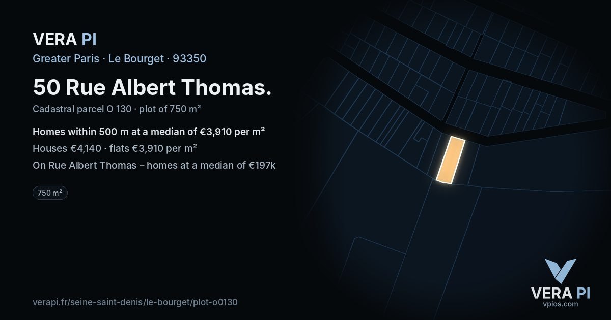50 Rue Albert Thomas, Le Bourget at night – the plot lit, the parcels around coloured by the prices near them