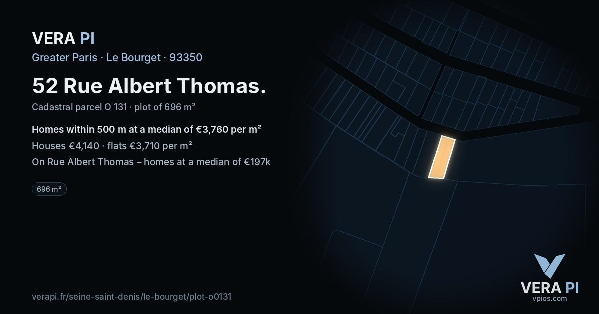 52 Rue Albert Thomas, Le Bourget at night – the plot lit, the parcels around coloured by the prices near them