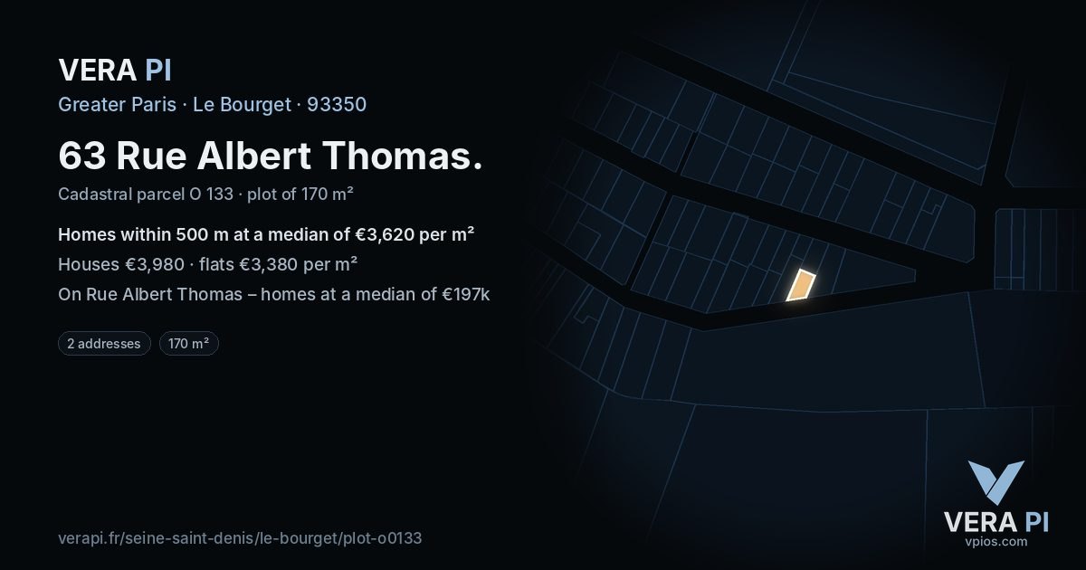 63 Rue Albert Thomas, Le Bourget at night – the plot lit, the parcels around coloured by the prices near them