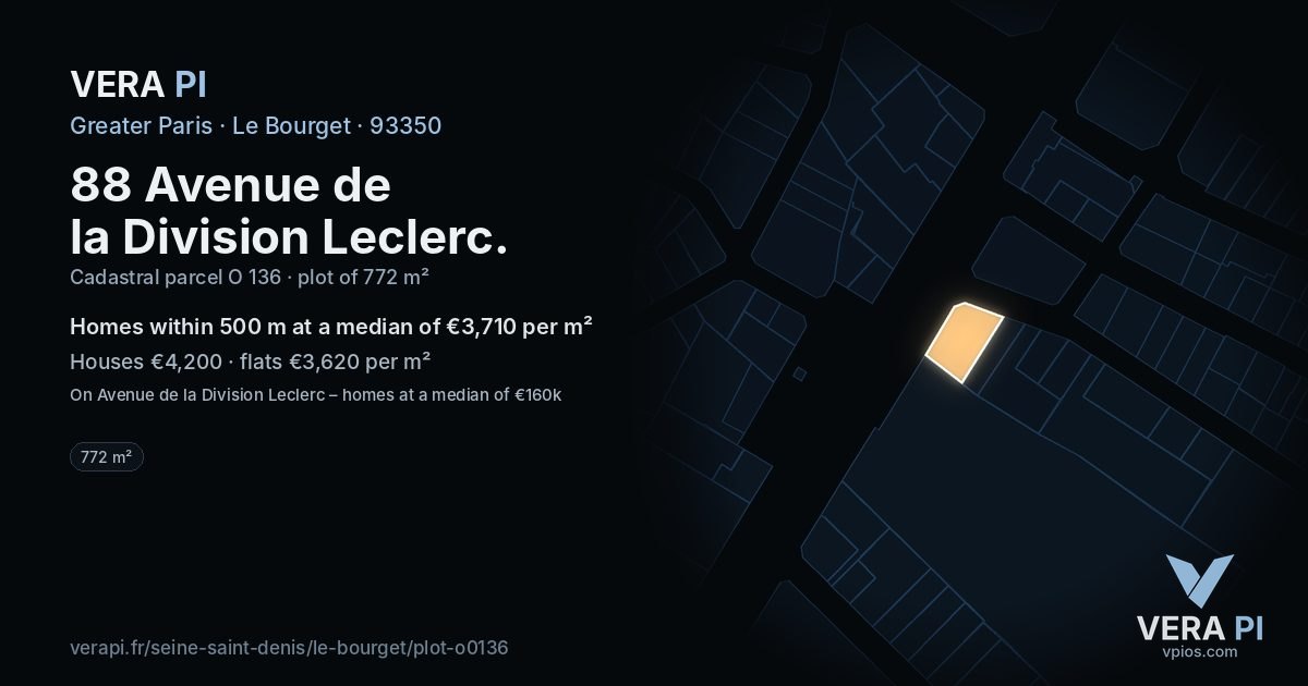 88 Avenue de la Division Leclerc, Le Bourget at night – the plot lit, the parcels around coloured by the prices near them