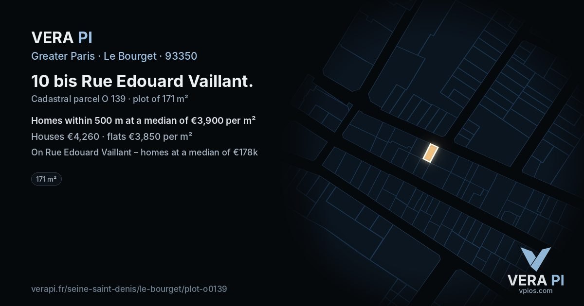 10 bis Rue Edouard Vaillant, Le Bourget at night – the plot lit, the parcels around coloured by the prices near them
