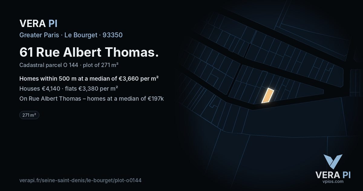 61 Rue Albert Thomas, Le Bourget at night – the plot lit, the parcels around coloured by the prices near them