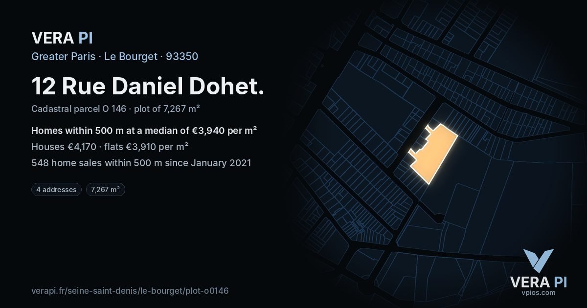 12 Rue Daniel Dohet, Le Bourget at night – the plot lit, the parcels around coloured by the prices near them