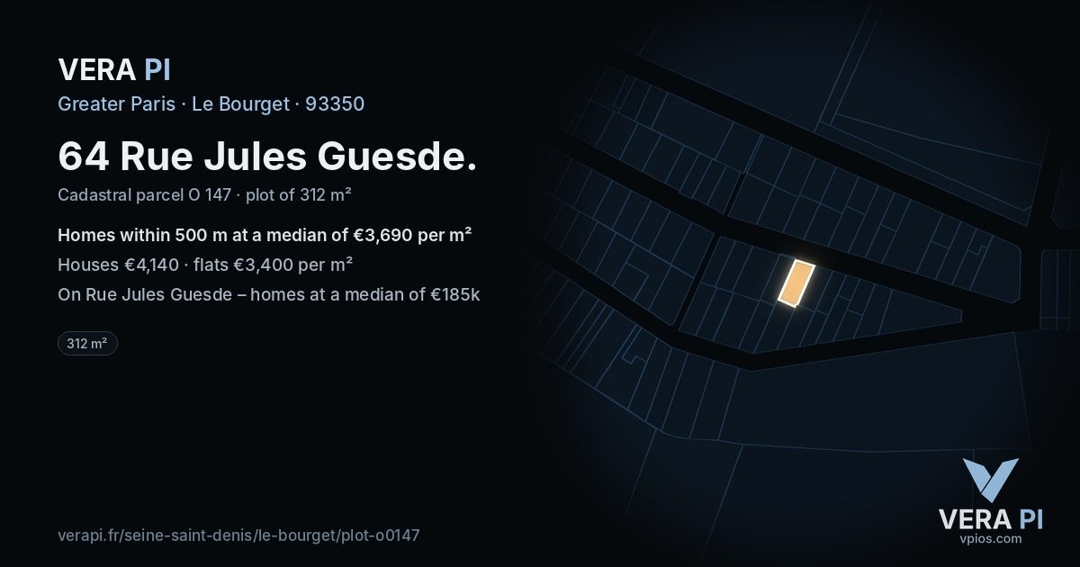 64 Rue Jules Guesde, Le Bourget at night – the plot lit, the parcels around coloured by the prices near them