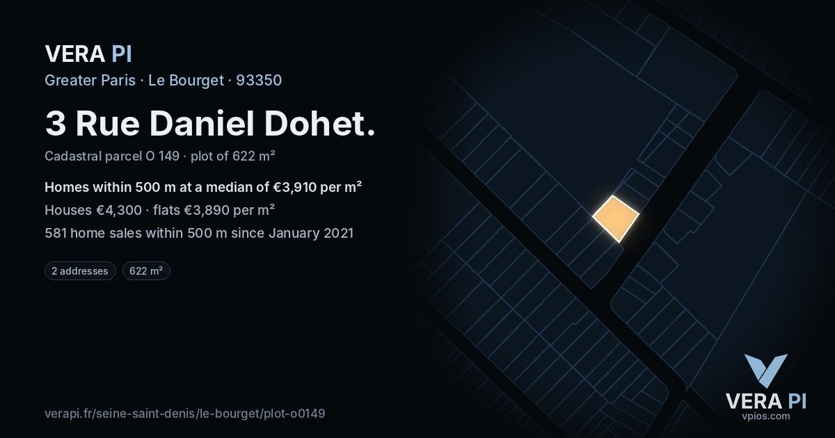 3 Rue Daniel Dohet, Le Bourget at night – the plot lit, the parcels around coloured by the prices near them