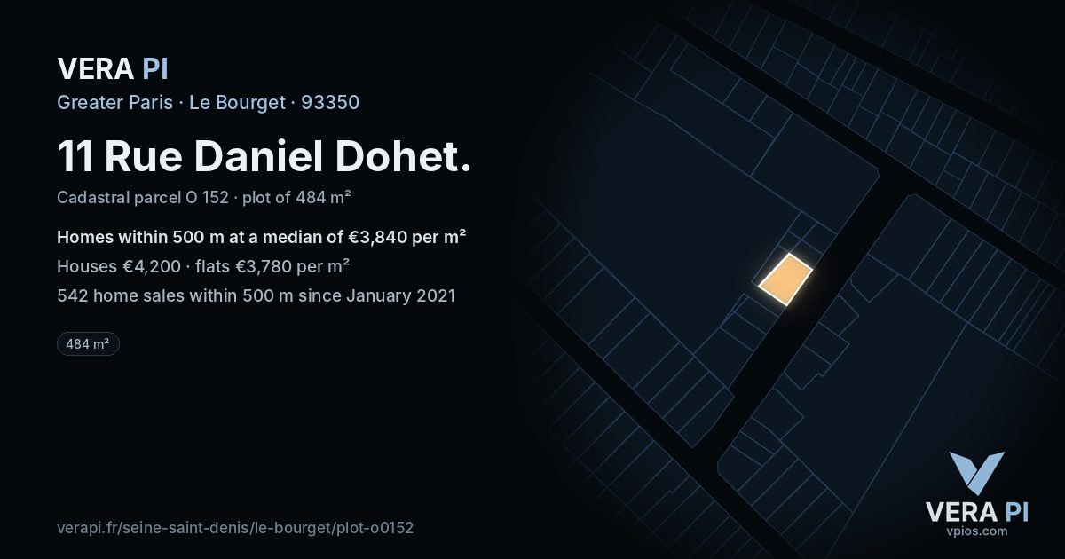 11 Rue Daniel Dohet, Le Bourget at night – the plot lit, the parcels around coloured by the prices near them