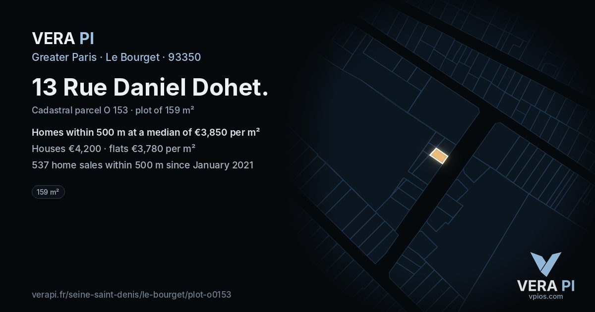 13 Rue Daniel Dohet, Le Bourget at night – the plot lit, the parcels around coloured by the prices near them