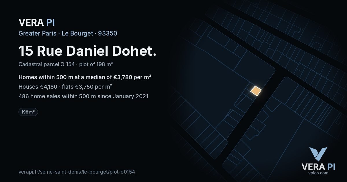 15 Rue Daniel Dohet, Le Bourget at night – the plot lit, the parcels around coloured by the prices near them